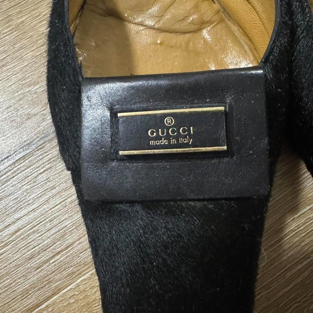 Vintage Gucci Pony Hair Black Buckle Kitten Botton toe square mule Size 35.5 - Picture 3 of 6